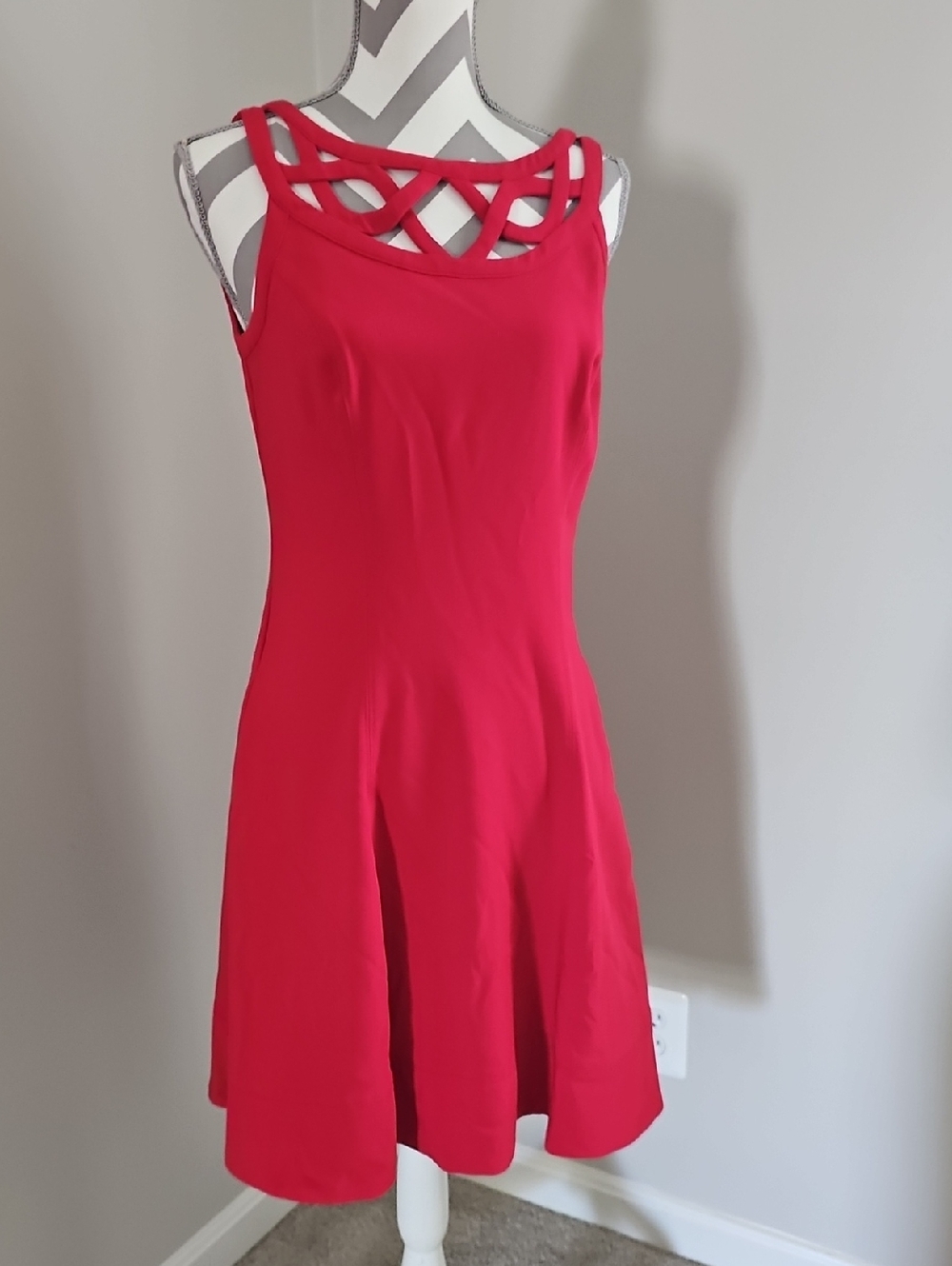 White House Black Market Red Sleeveless Midi Dress with Lattice Neck